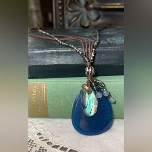 Silpada Blue gemstone Pendant necklace beaded leather cord 925 silver